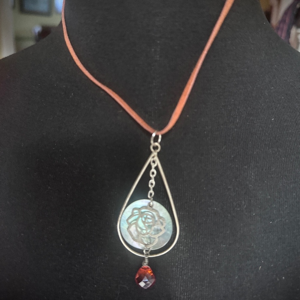 Silver Rose in a Teardrop Pendant Necklace w/ Red  on Leather Cord Adjustable